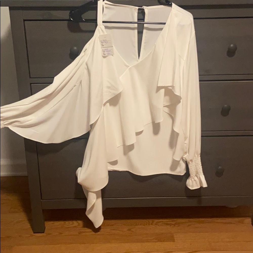 White Asymmetrical Ruffled Blouse